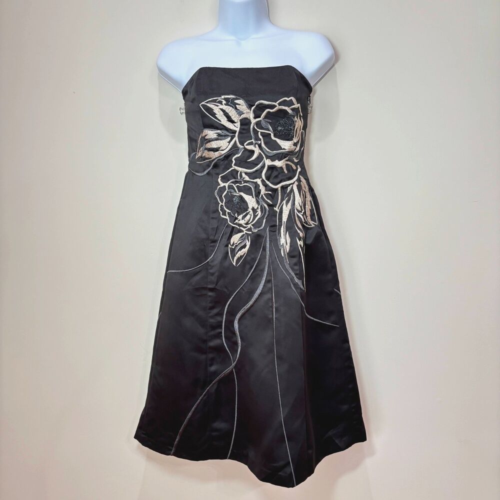 WHBM Black Satin Midi Dress 0 Gold Floral Embroidery Bead Formal Holiday Elegant